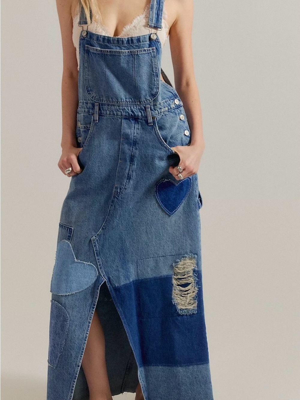 We The Free Key to My Heart Denim Patchwork NTW Skirtall/overalls Maxi size XS